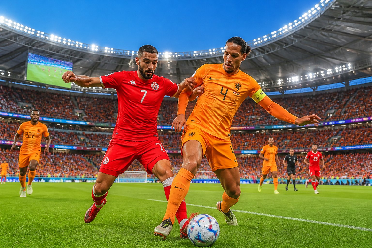 Tunus ve Hollanda futbolcularının bir Dünya Kupası maçında top için mücadele ettiği bir stadyum sahnesi.