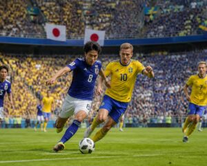 Japonya ve İsveç milli takımları arasında bir Dünya Kupası maçında futbolcular sahada mücadele ediyor, tribünler dolu ve seyirciler tezahürat yapıyor.