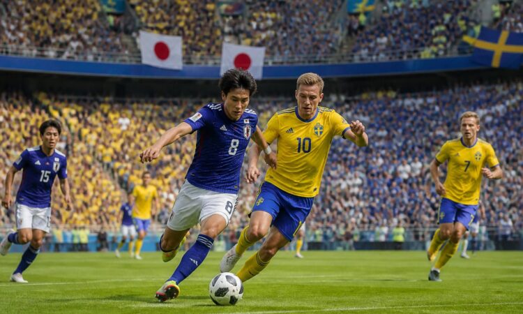 Japonya ve İsveç milli takımları arasında bir Dünya Kupası maçında futbolcular sahada mücadele ediyor, tribünler dolu ve seyirciler tezahürat yapıyor.
