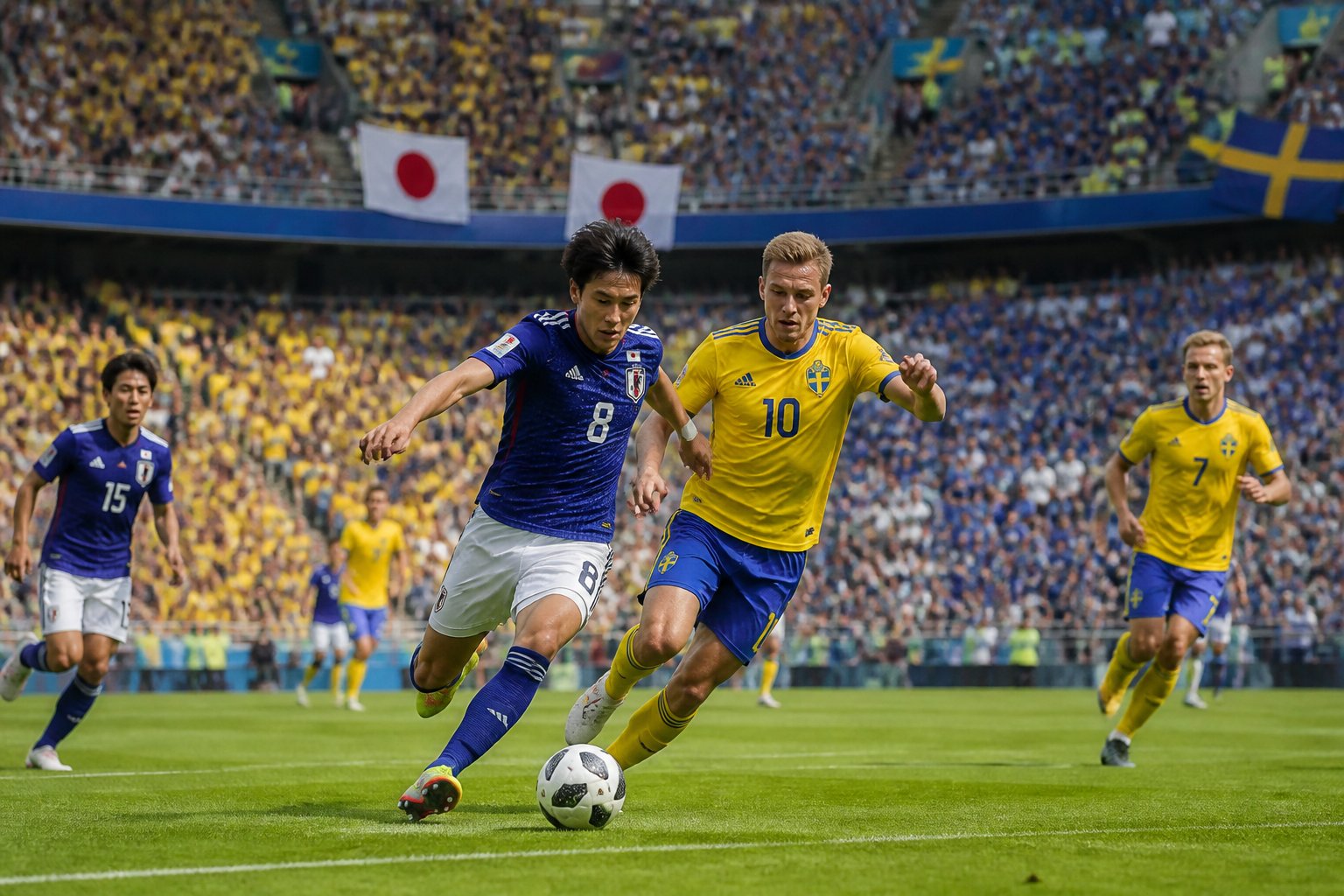 Japonya ve İsveç milli takımları arasında bir Dünya Kupası maçında futbolcular sahada mücadele ediyor, tribünler dolu ve seyirciler tezahürat yapıyor.