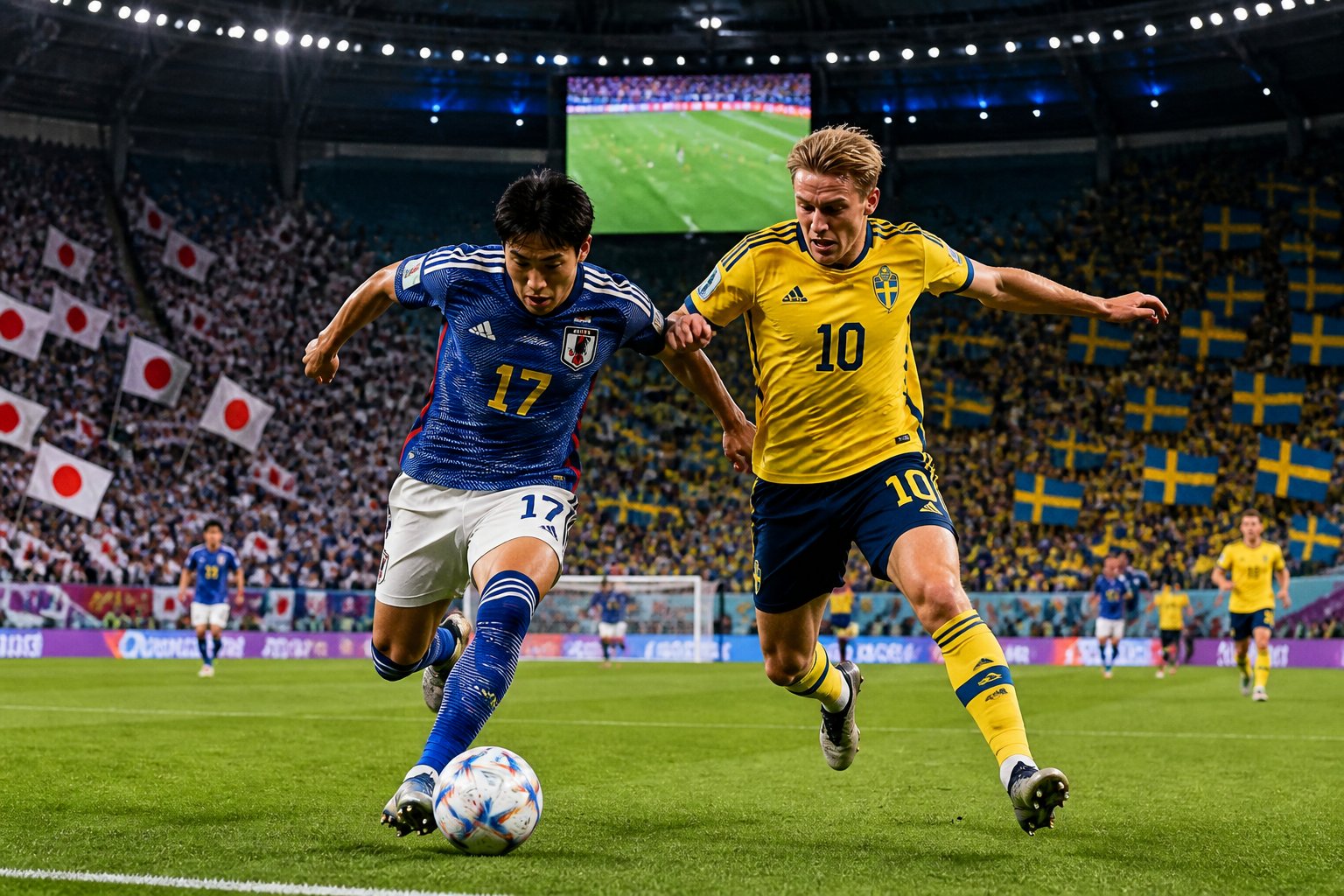 Japonya ve İsveç milli takımları arasında bir futbol maçında, oyuncular top için mücadele ediyor ve tribünler dolu.