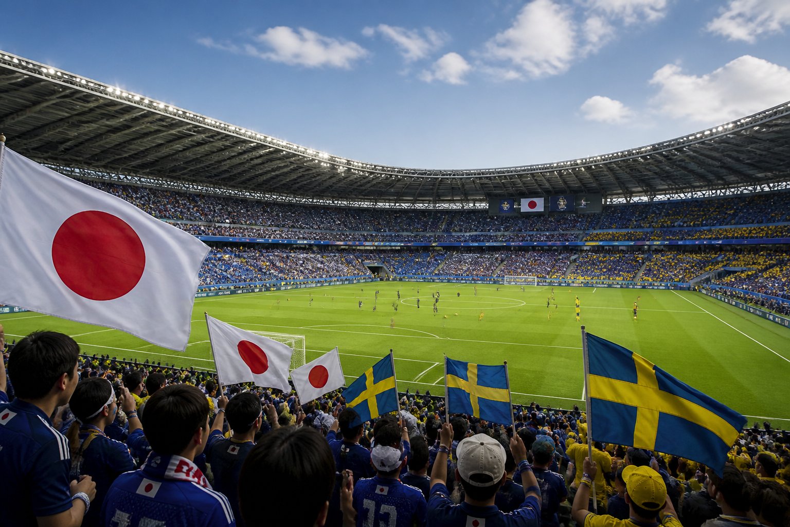 Japonya ve İsveç milli takımları arasında bir Dünya Kupası maçında dolu bir stadyum ve sahada oynayan futbolcular.