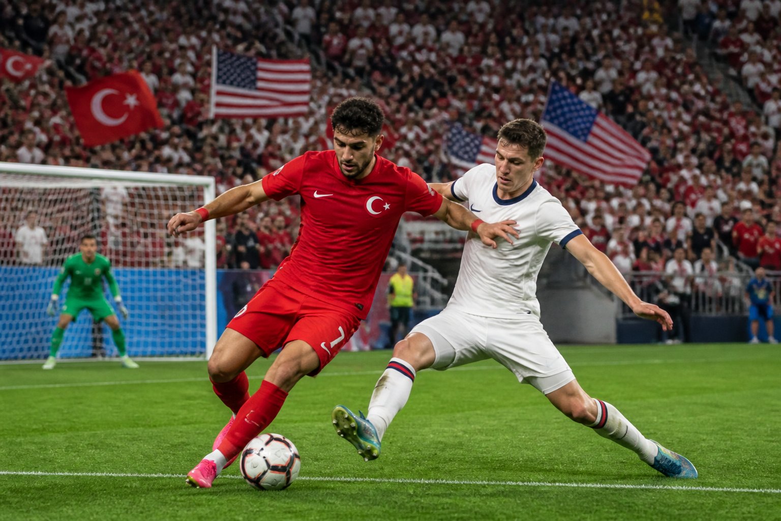 Türkiye ve ABD arasında FIFA Dünya Kupası maçında iki futbolcu top için mücadele ediyor, tribünlerde taraftarlar bayraklarla tezahürat yapıyor.