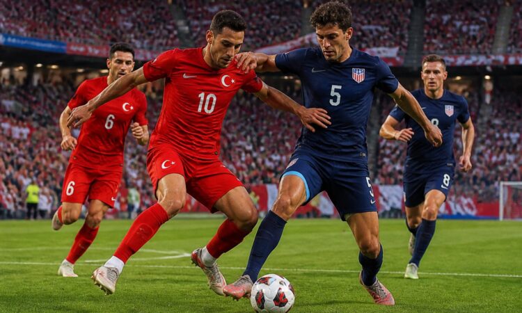 Türkiye ve ABD arasında geçen bir futbol maçında iki oyuncu top için mücadele ediyor, arka planda kalabalık bir stadyum ve taraftarlar yer alıyor.