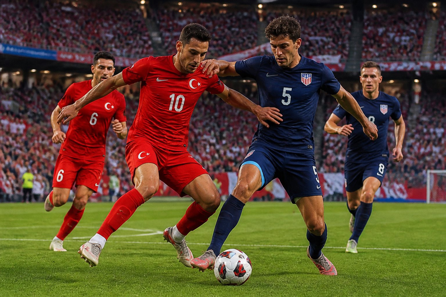 Türkiye ve ABD arasında geçen bir futbol maçında iki oyuncu top için mücadele ediyor, arka planda kalabalık bir stadyum ve taraftarlar yer alıyor.