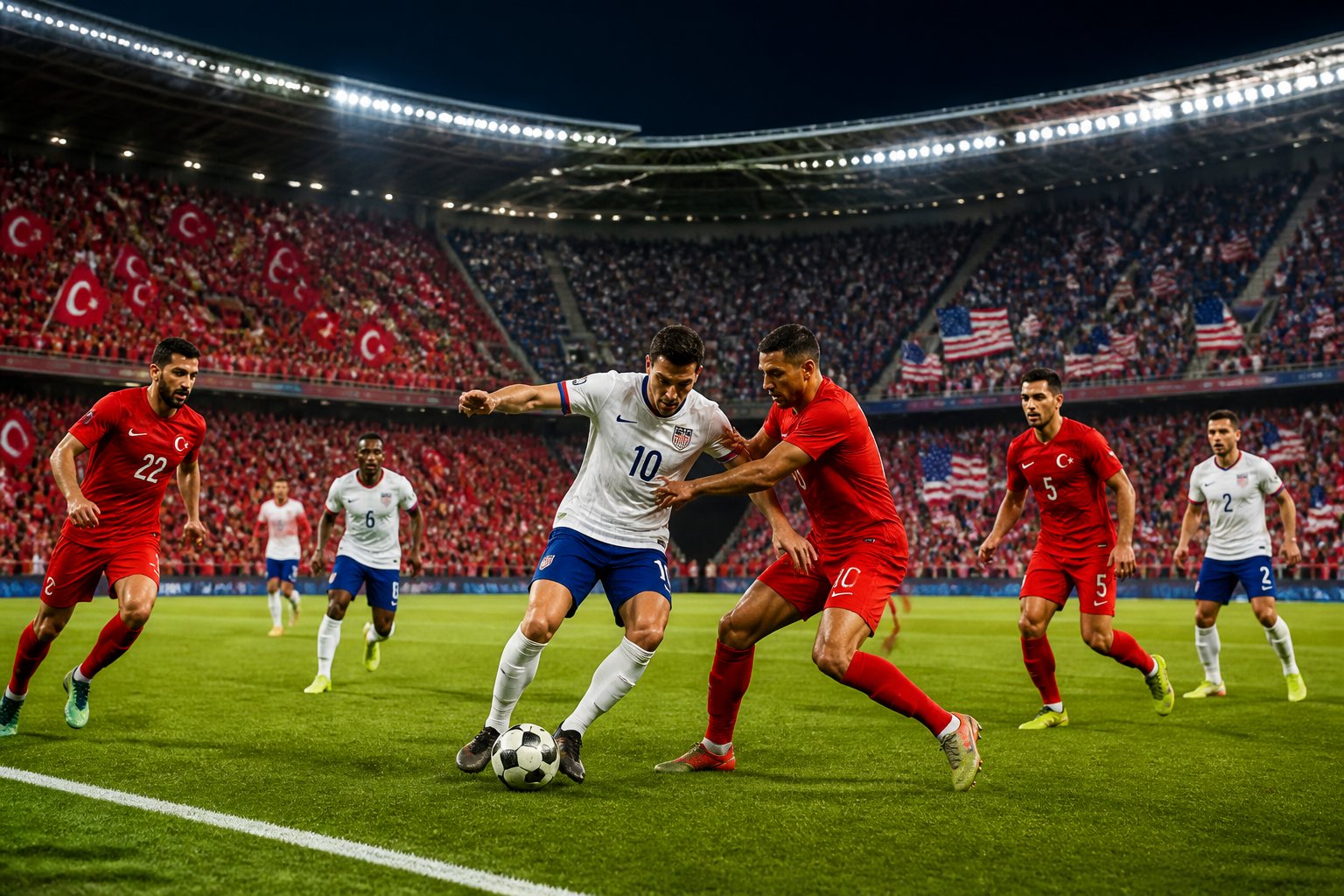 Türkiye ve ABD takımları arasında büyük bir stadyumda oynanan heyecanlı bir futbol maçı sahnesi.