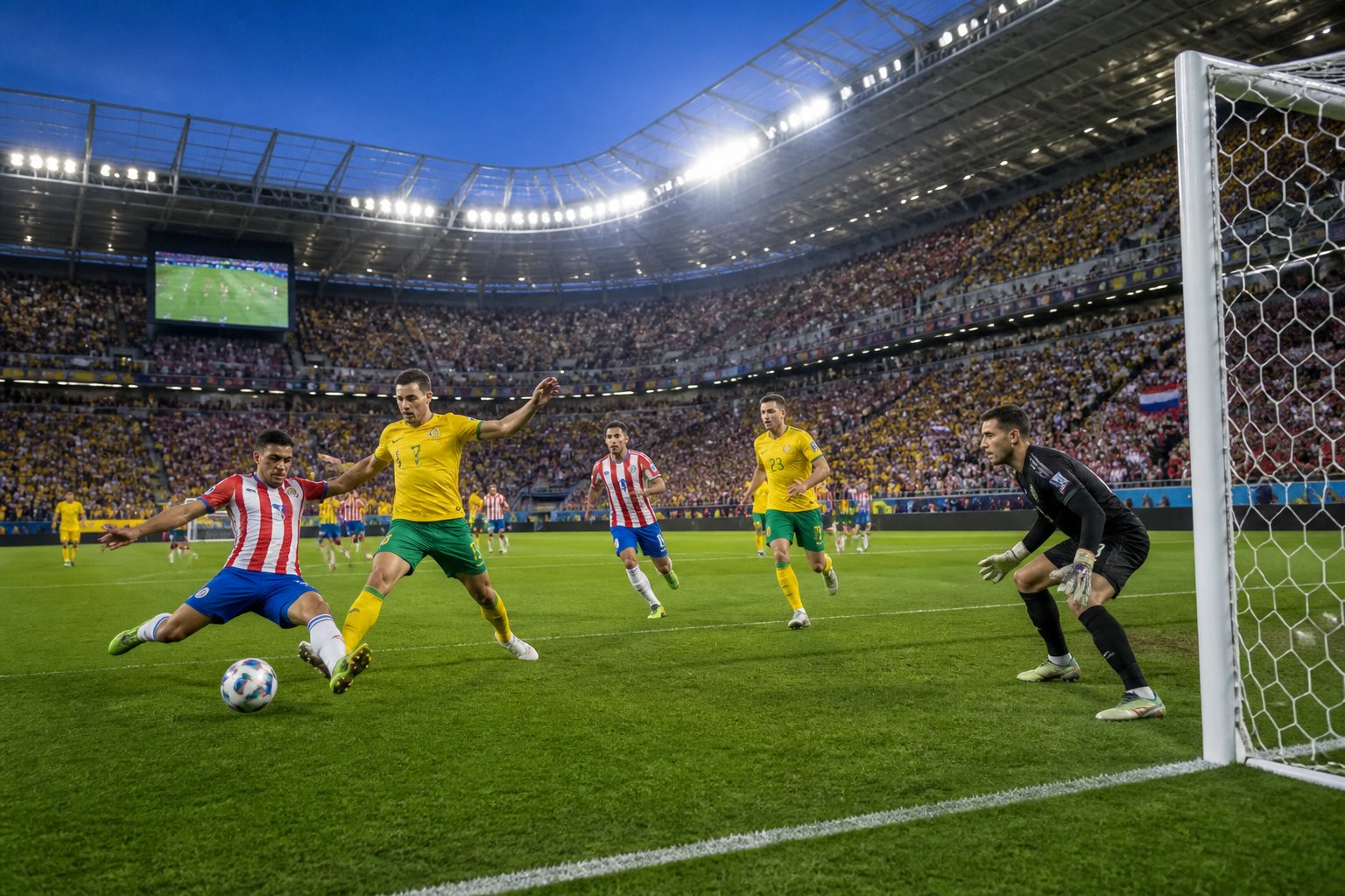 Paraguay ve Avustralya takımlarının maç yaptığı, kalabalık bir stadyumda futbol oynanan bir sahne.