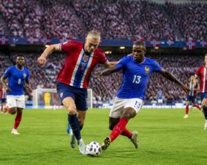 Norveç ve Fransa takımları arasında Dünya Kupası maçında futbolcular sahada mücadele ediyor, tribünler dolu ve seyirciler maçı izliyor.