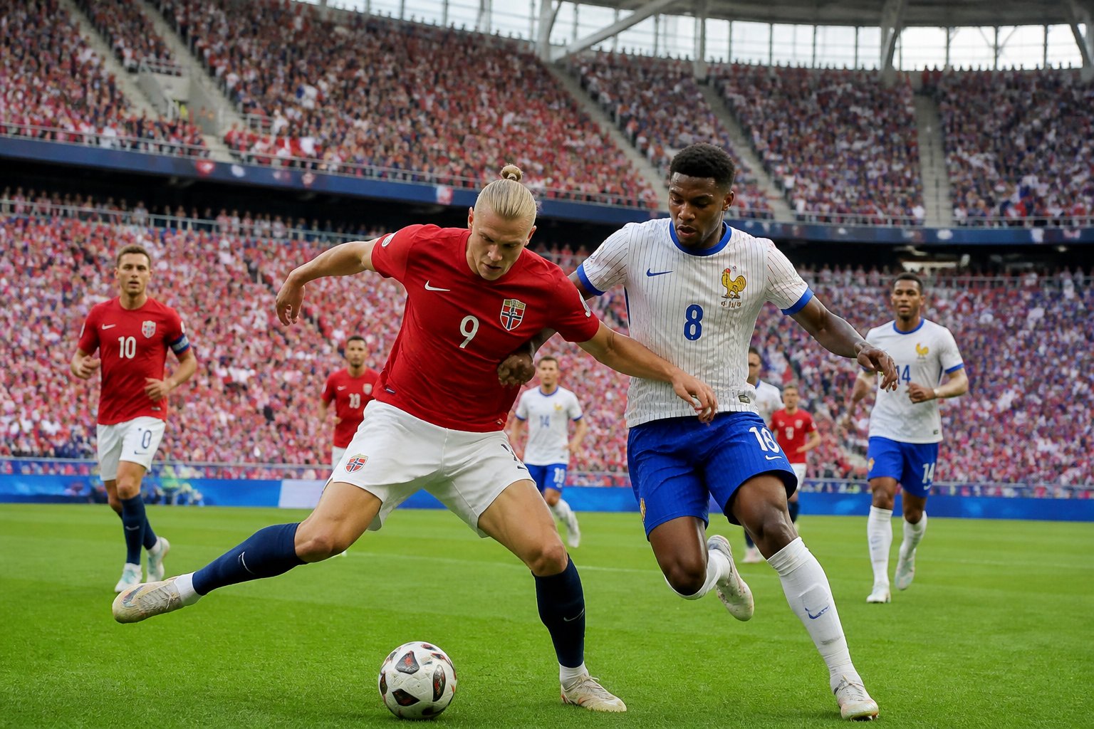 Norveç ve Fransa arasında oynanan bir Dünya Kupası futbol maçında oyuncular sahada mücadele ediyor, tribünler dolu ve taraftarlar coşkulu.
