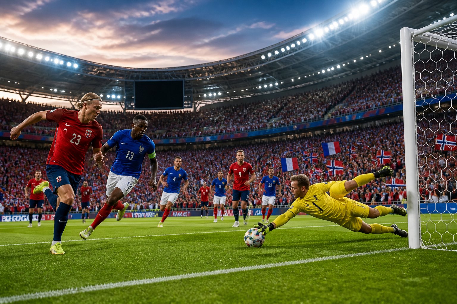 Norveç ve Fransa takımları, kalabalık bir stadyumda futbol maçı oynuyor, oyuncular top için mücadele ediyor.