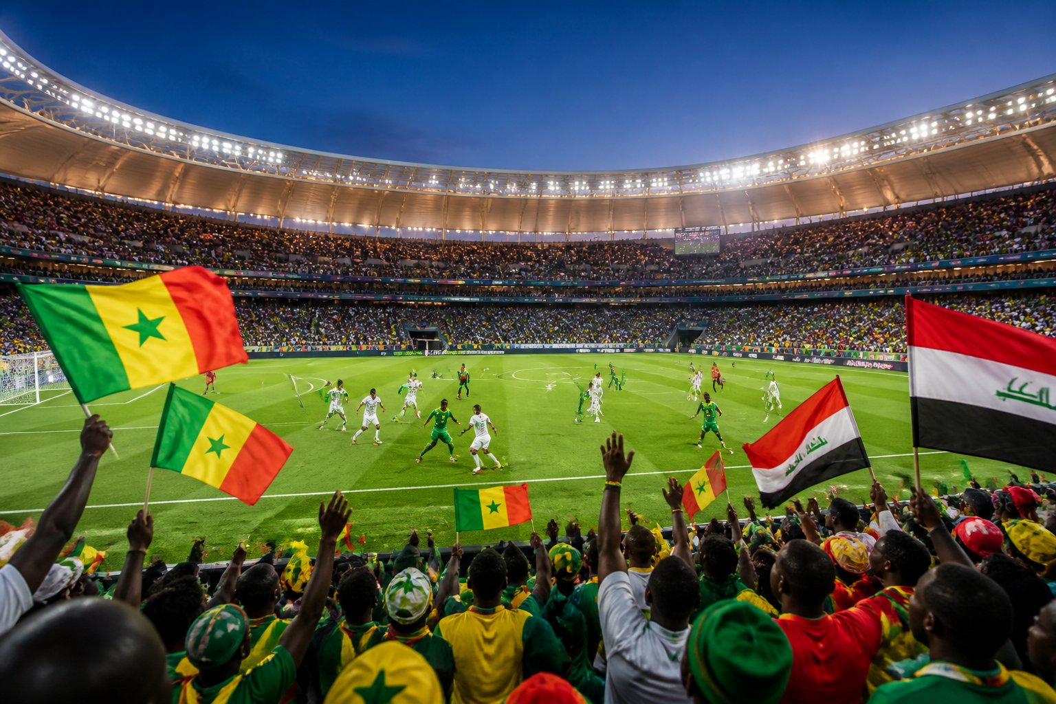 Senegal ve Irak futbol takımlarının maç yaptığı, dolu tribünlerin ve yeşil çim sahasının olduğu bir futbol stadyumu.