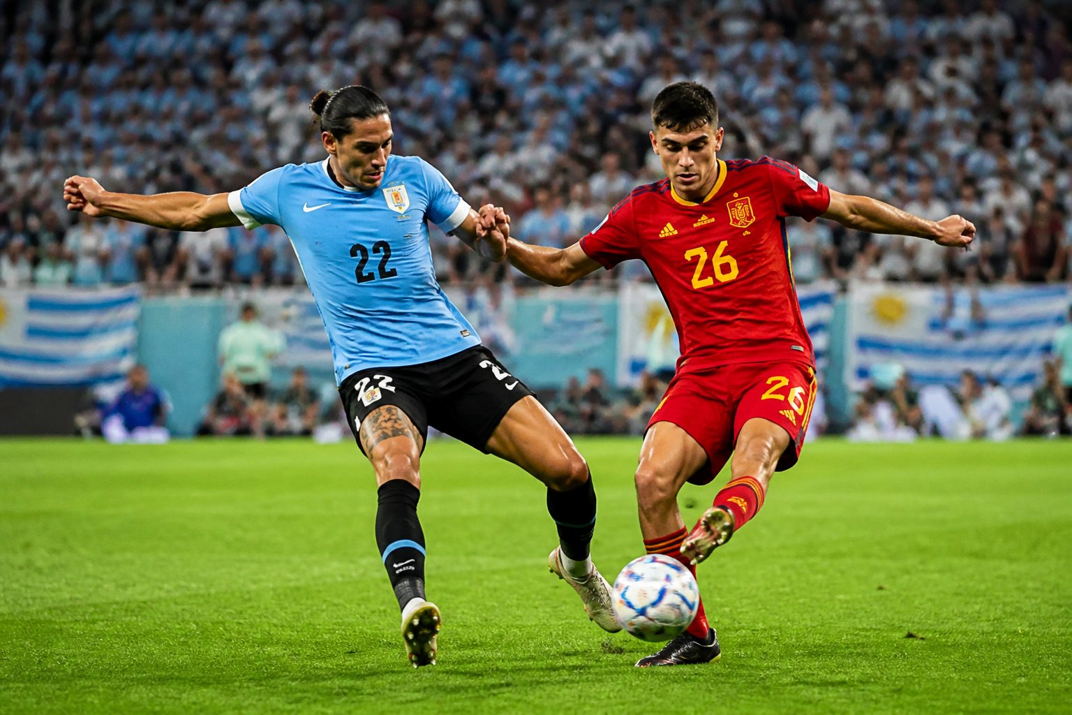 Uruguay ve İspanya arasında Dünya Kupası maçında iki futbolcu mücadele ediyor.
