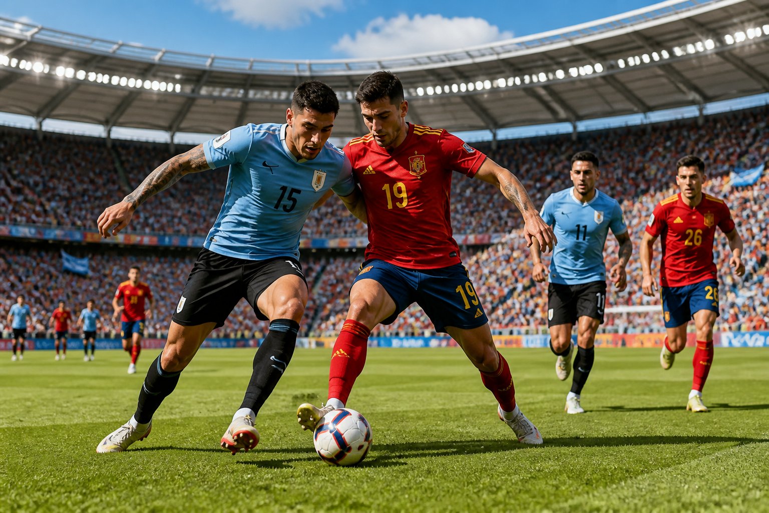 Uruguay ve İspanya futbol takımlarının 2026 Dünya Kupası maçında sahada mücadele eden oyuncuları.
