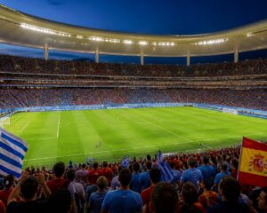 Estadio Akron stadyumunda Uruguay ve İspanya futbol takımları arasında bir Dünya Kupası maçı oynanıyor, taraftarlar tribünde coşkuyla maçı izliyor.