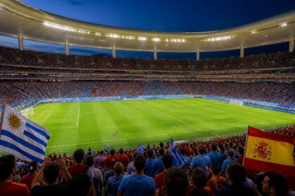 Estadio Akron stadyumunda Uruguay ve İspanya futbol takımları arasında bir Dünya Kupası maçı oynanıyor, taraftarlar tribünde coşkuyla maçı izliyor.