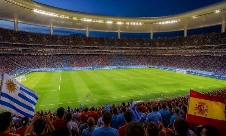 Estadio Akron stadyumunda Uruguay ve İspanya futbol takımları arasında bir Dünya Kupası maçı oynanıyor, taraftarlar tribünde coşkuyla maçı izliyor.