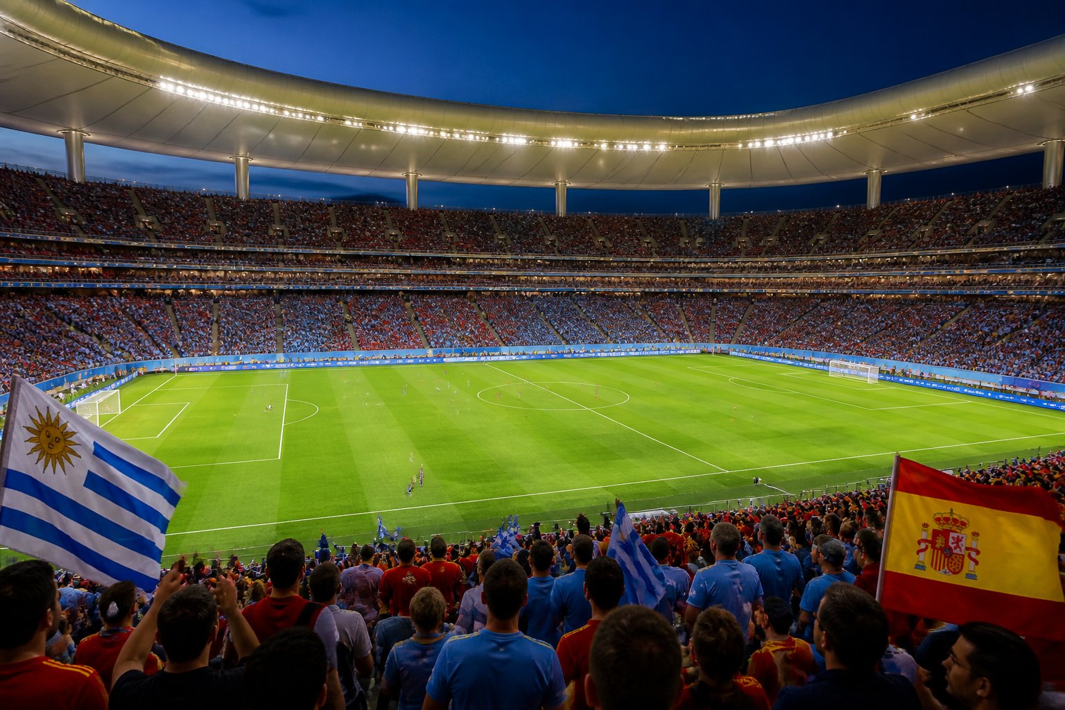 Estadio Akron stadyumunda Uruguay ve İspanya futbol takımları arasında bir Dünya Kupası maçı oynanıyor, taraftarlar tribünde coşkuyla maçı izliyor.