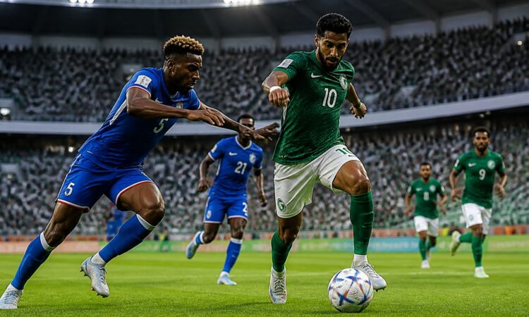 Yeşil Burun Adaları ve Suudi Arabistan futbol takımları arasında Dünya Kupası maçında sahada mücadele eden oyuncular ve dolu tribünler.
