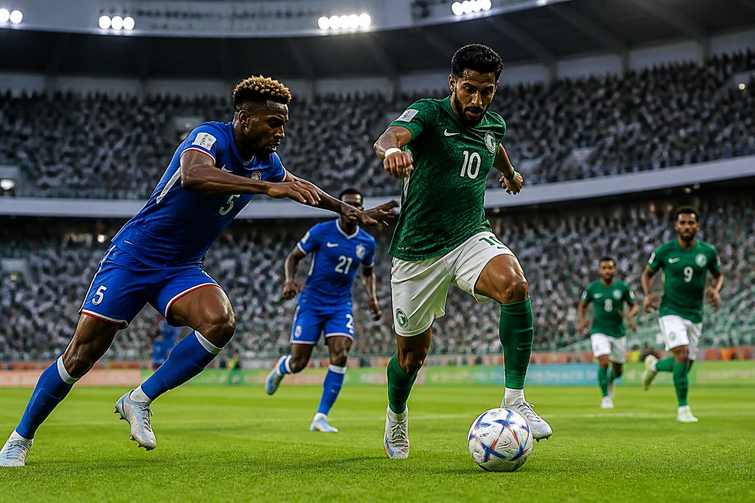 Yeşil Burun Adaları ve Suudi Arabistan futbol takımları arasında Dünya Kupası maçında sahada mücadele eden oyuncular ve dolu tribünler.