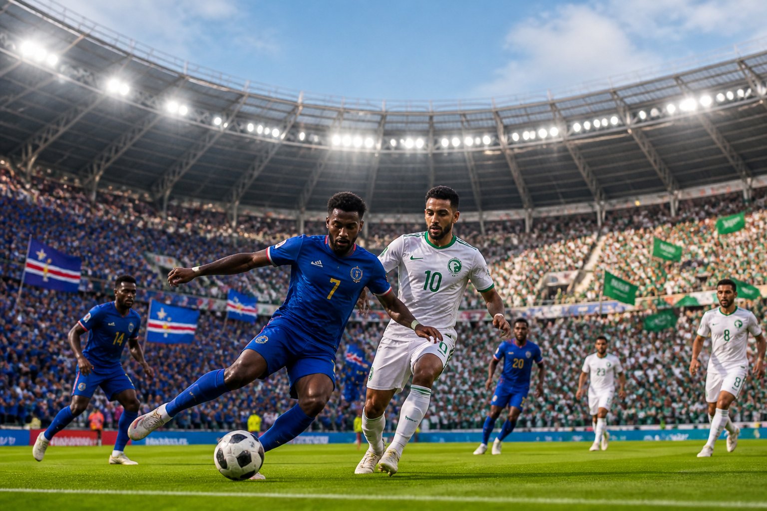 Yeşil Burun Adaları ve Suudi Arabistan takımları arasında büyük bir futbol maçında oyuncular sahada mücadele ediyor, tribünler taraftarlarla dolu.