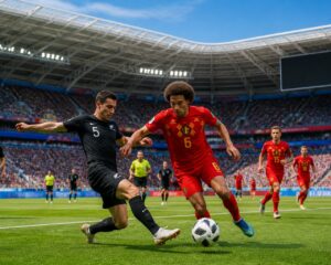 Yeni Zelanda ve Belçika takımlarının futbol maçında sahada mücadele ettiği bir an.