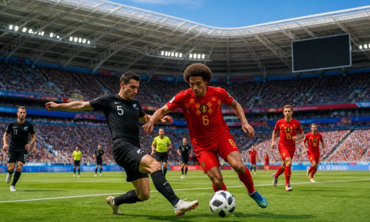 Yeni Zelanda ve Belçika takımlarının futbol maçında sahada mücadele ettiği bir an.