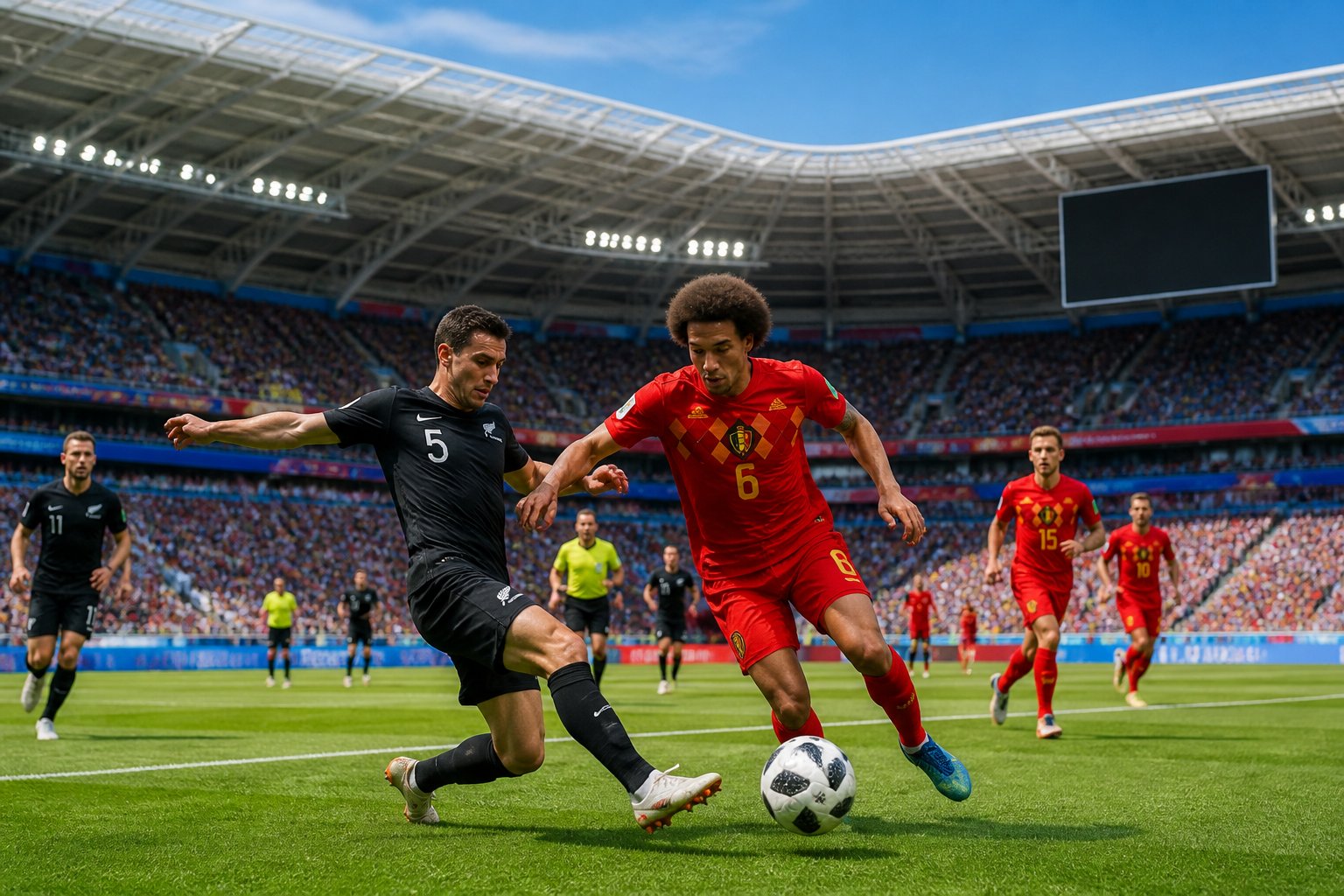 Yeni Zelanda ve Belçika takımlarının futbol maçında sahada mücadele ettiği bir an.