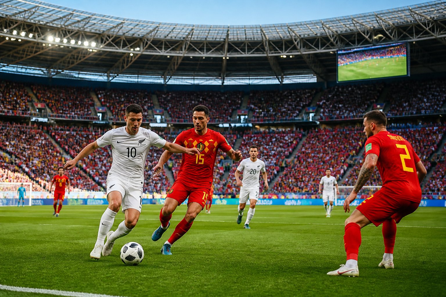 Yeni Zelanda ve Belçika futbol takımları arasında bir Dünya Kupası maçında kalabalık bir stadyum ve sahada oynayan futbolcular.