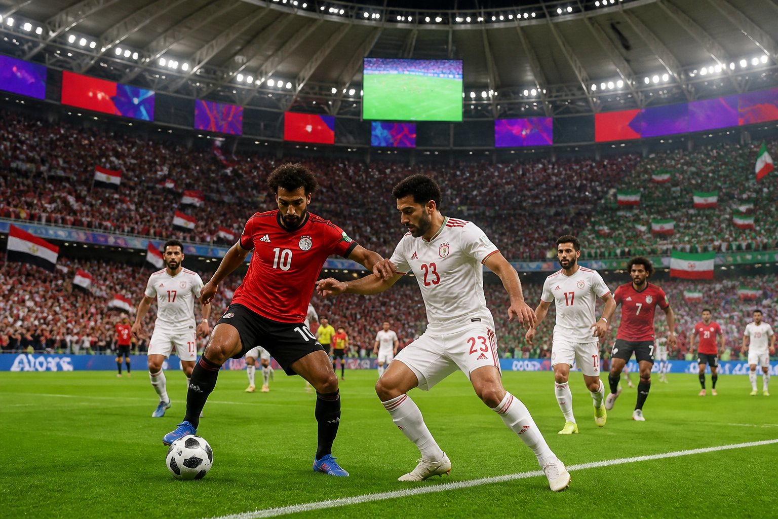 Mısır ve İran takımları arasında bir Dünya Kupası maçında, kalabalık bir stadyumda futbol oynanıyor.