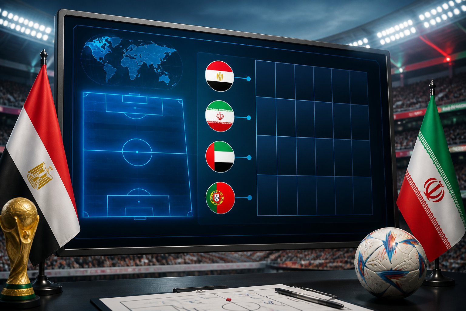 Mısır ve İran takımlarının konumlarının gösterildiği futbol turnuvası grup genel görünümü.
