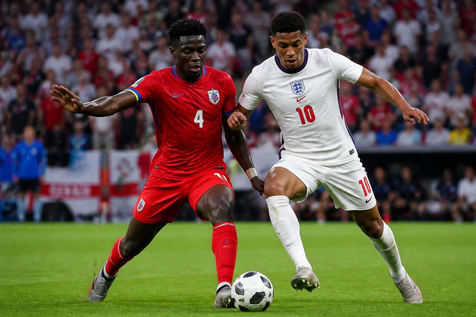 Panama ve İngiltere futbol takımları arasında Dünya Kupası maçında oyuncular top için mücadele ediyor.