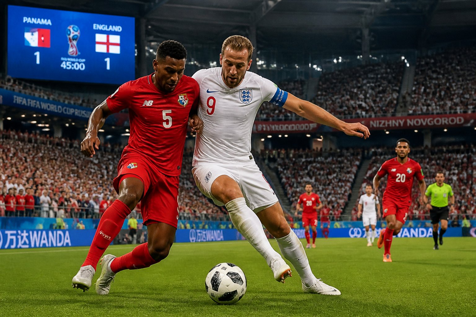 Panama ve İngiltere arasında bir Dünya Kupası maçında futbolcular sahada mücadele ediyor, tribünler dolu ve atmosfer heyecanlı.