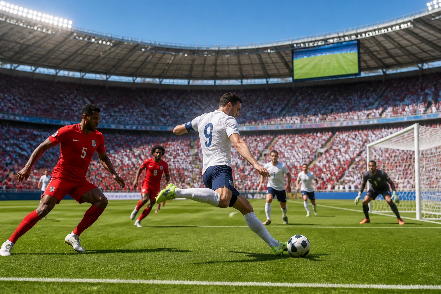 Panama ve İngiltere takımları arasında bir Dünya Kupası futbol maçı sırasında oyuncular sahada mücadele ediyor, tribünler taraftarlarla dolu.