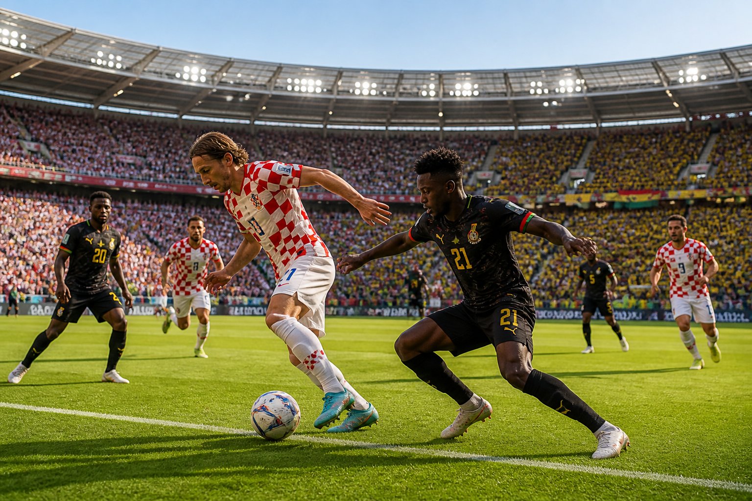 Hırvatistan ve Gana arasındaki Dünya Kupası maçında futbolcular sahada mücadele ediyor, tribünlerde taraftarlar bayraklarla tezahürat yapıyor.