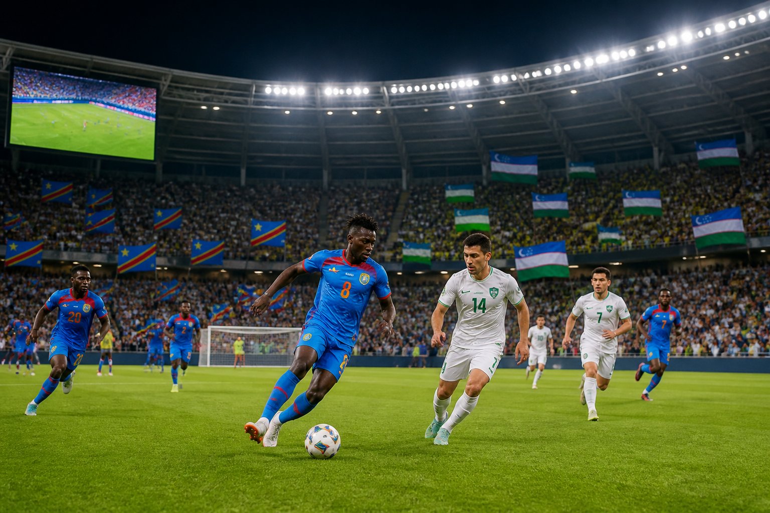 Demokratik Kongo Cumhuriyeti ve Özbekistan milli takımları arasında büyük bir stadyumda oynanan heyecanlı bir futbol maçı.