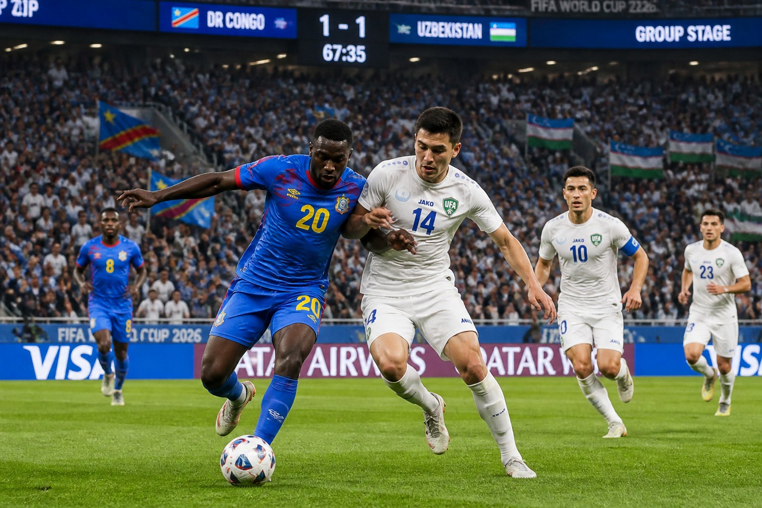 Demokratik Kongo Cumhuriyeti ve Özbekistan takımları arasında bir Dünya Kupası maçında futbolcular sahada mücadele ediyor.