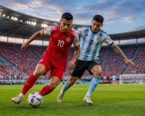 Ürdün ve Arjantin futbol takımları arasında Dünya Kupası maçında oyuncular top için mücadele ediyor.
