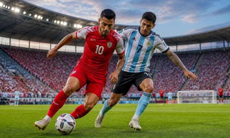 Ürdün ve Arjantin futbol takımları arasında Dünya Kupası maçında oyuncular top için mücadele ediyor.