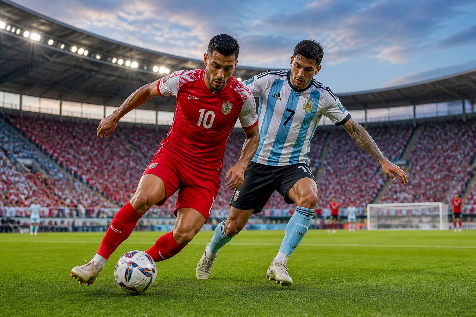 Ürdün ve Arjantin futbol takımları arasında Dünya Kupası maçında oyuncular top için mücadele ediyor.