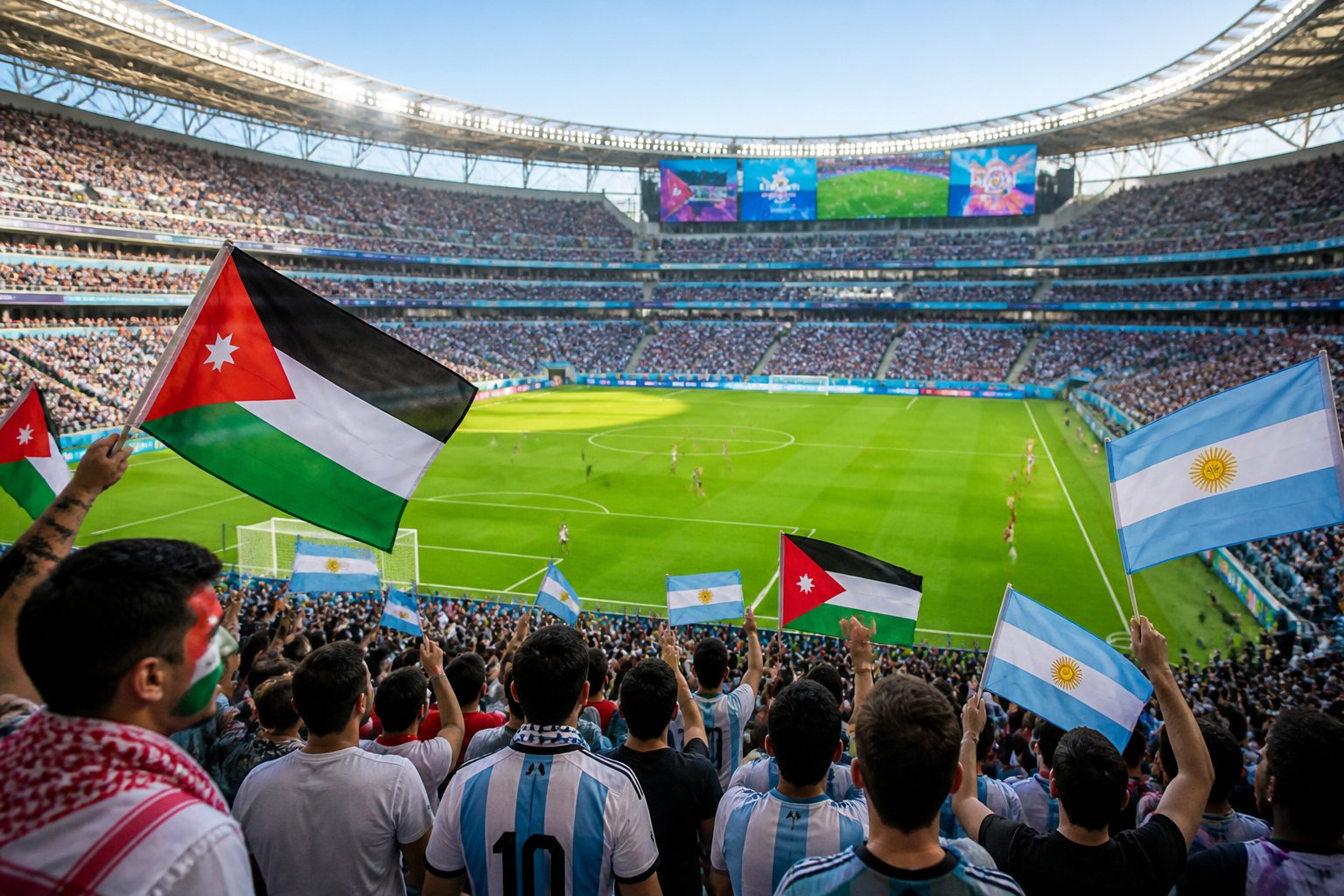 Ürdün ve Arjantin takımları arasında geçen bir Dünya Kupası maçında dolu bir stadyumda futbolcular sahada oynuyor, taraftarlar coşkuyla destek veriyor.