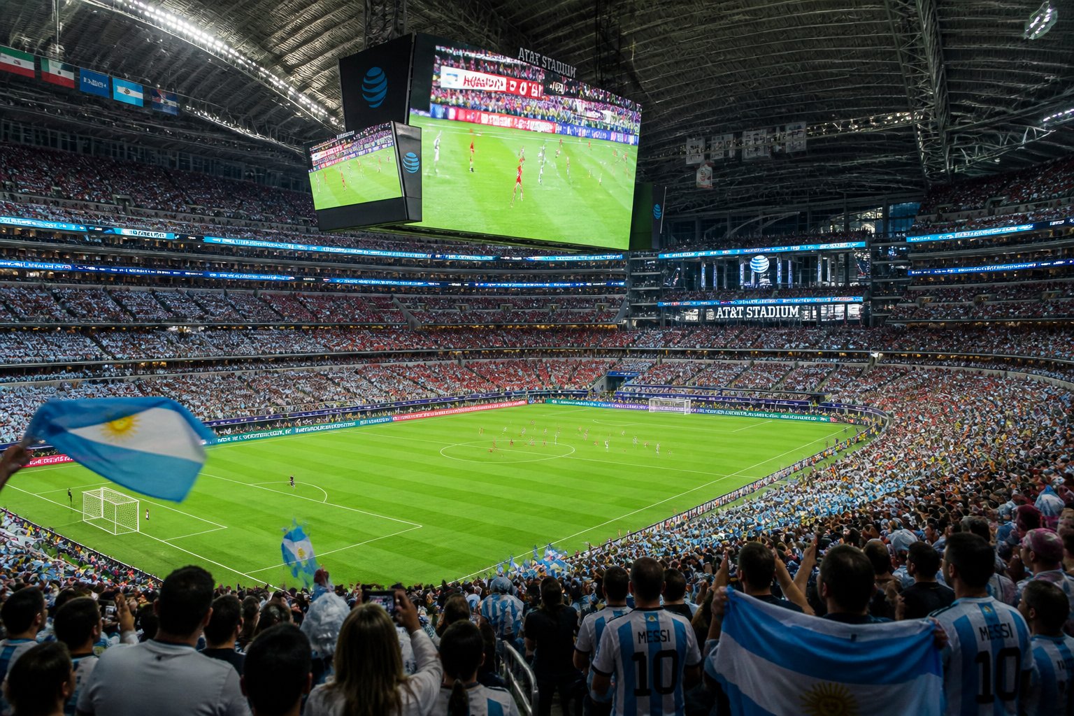 Dallas'taki AT&T Stadyumu'nda Ürdün ve Arjantin Dünya Kupası maçının oynandığı, dolu tribünler ve sahada futbolcuların olduğu bir sahne.