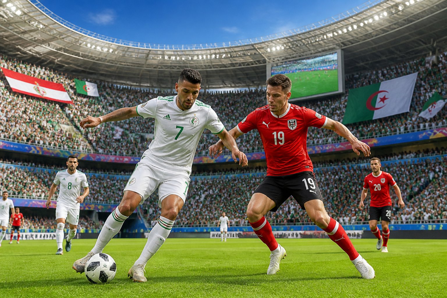 Cezayir ve Avusturya takımları arasında bir Dünya Kupası futbol maçı sahnesi, oyuncular sahada mücadele ediyor, tribünler taraftarlarla dolu.