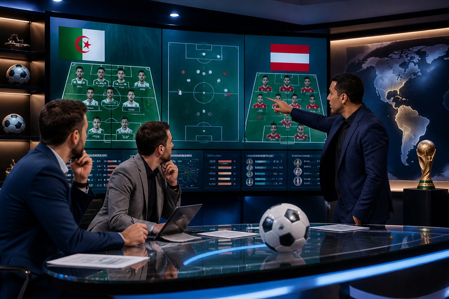 Cezayir ve Avusturya Dünya Kupası maçı için futbol takımı analizinin yapıldığı bir spor stüdyosu.