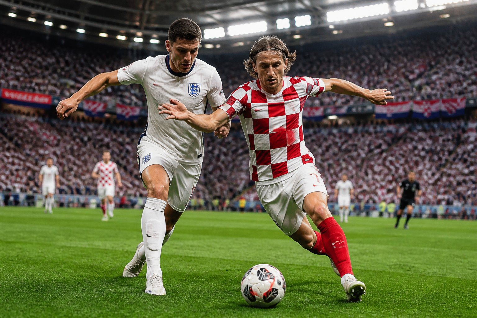 İngiltere ve Hırvatistan takımlarının futbol maçında top için mücadele eden oyuncuları ve dolu tribünleri gösteren bir sahne.