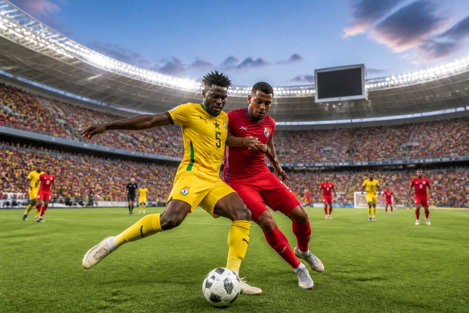 Gana ve Panama takımları arasında büyük bir futbol maçında, kalabalık bir stadyumda iki oyuncu top için mücadele ediyor.