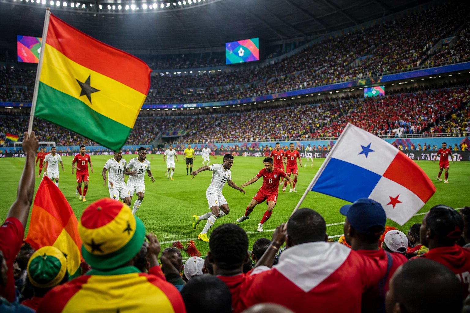 Gana ve Panama takımlarının maç yaptığı, kalabalık bir stadyumda futbol oynanan bir sahne.