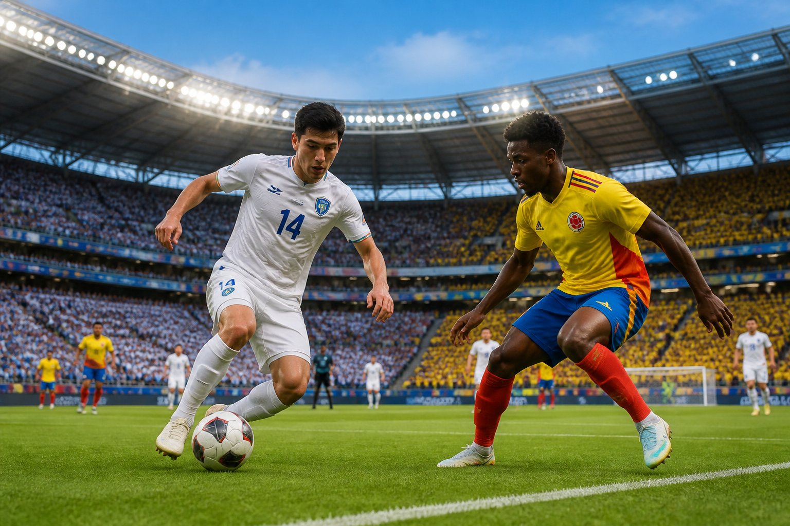 Özbekistan ve Kolombiya milli takımları arasında Dünya Kupası maçında futbolcular sahada mücadele ediyor, tribünlerde taraftarlar coşkuyla destek veriyor.