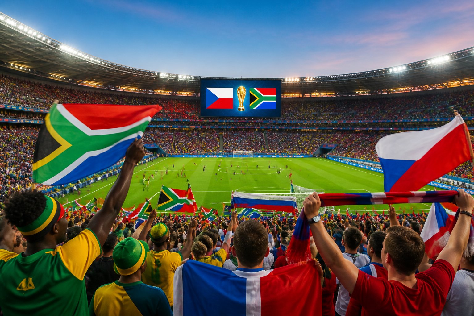 Çek Cumhuriyeti ve Güney Afrika takımlarının maçını izleyen taraftarlarla dolu büyük bir futbol stadyumu.