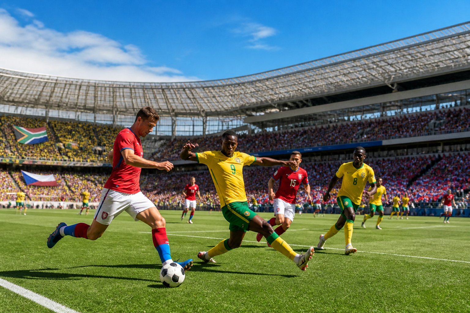 Çek Cumhuriyeti ve Güney Afrika takımlarının maç yaptığı kalabalık bir futbol stadyumu.