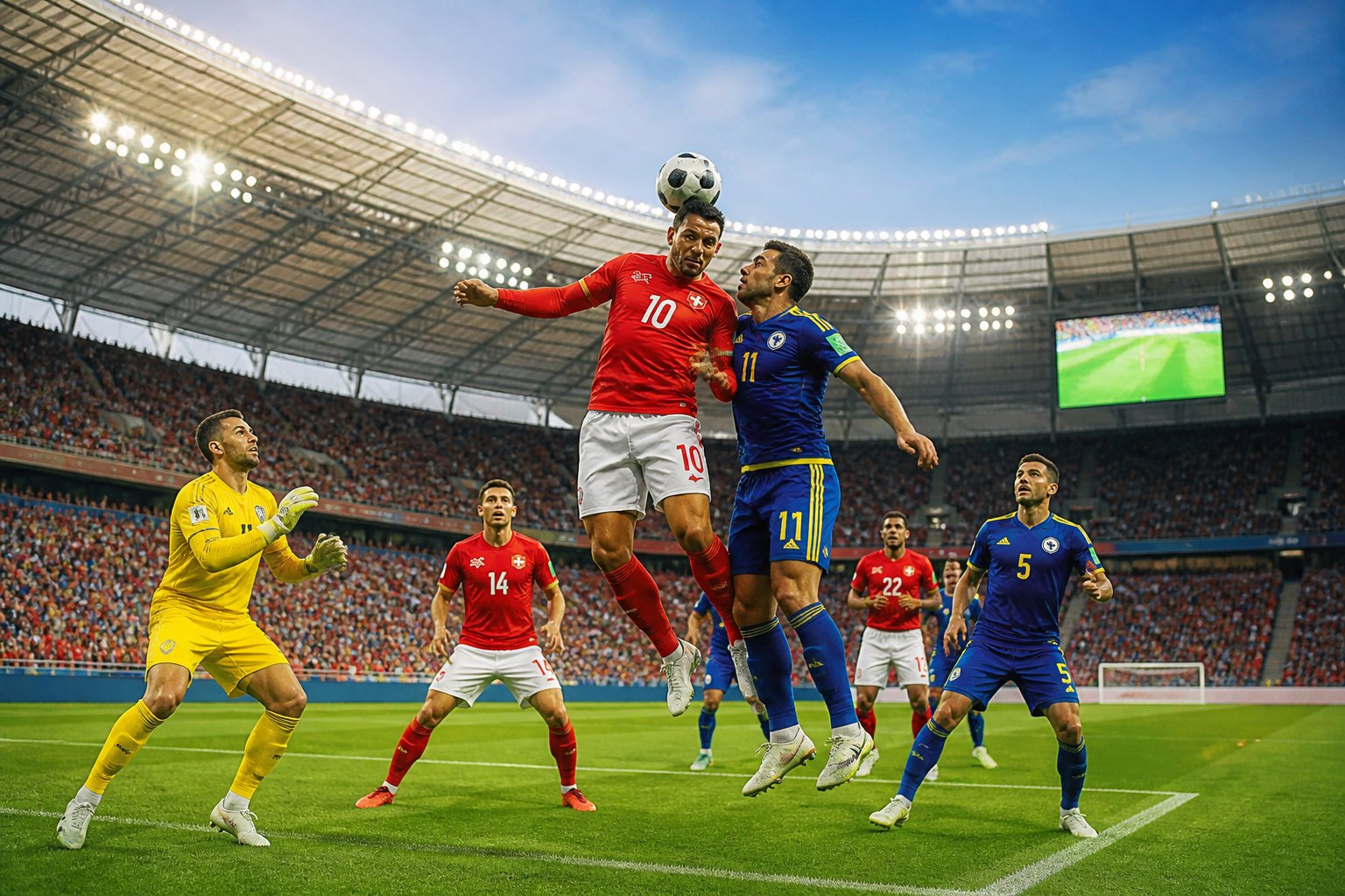İsviçre ve Bosna Hersek takımlarının Dünya Kupası maçında sahada mücadele ettiği bir futbol sahnesi.